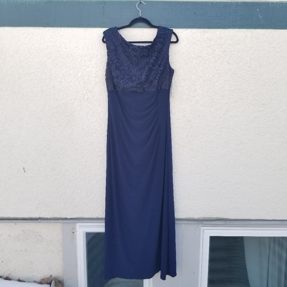 NWT Alex Evenings Brocade Bodice Empire Waist Gown navy size 16